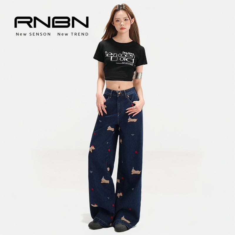 RNBN复古腊肠小狗刺绣牛仔裤