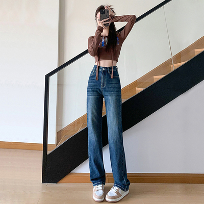 RNBN春季复古高腰窄版直筒牛仔裤