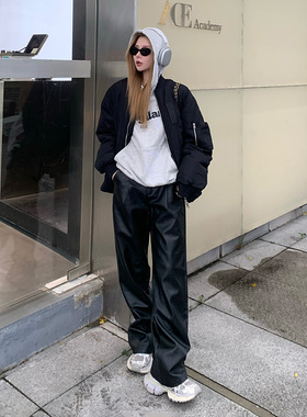 RNBN美式街头黑色PU皮阔腿休闲裤女高腰宽松显瘦直筒拖地皮裤长裤