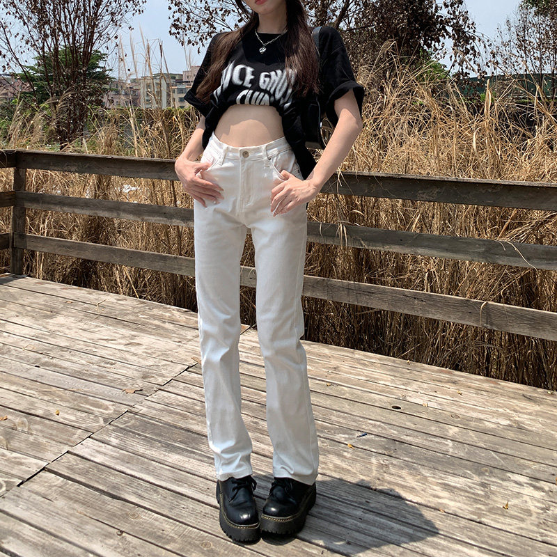 RNBN白色窄版高腰弹力直筒牛仔裤