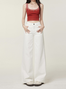 RNBN新款无弹经典白色牛仔裤女三防薄款直筒裤不贴腿高级感长裤