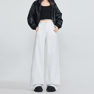 RNBN白色阔腿牛仔裤高腰垂感显瘦