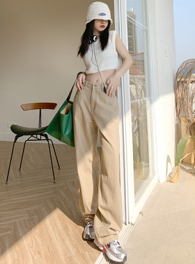 RNBN牛仔裤女高腰新款小个子显瘦卡其色直筒裤宽松阔腿拖地裤