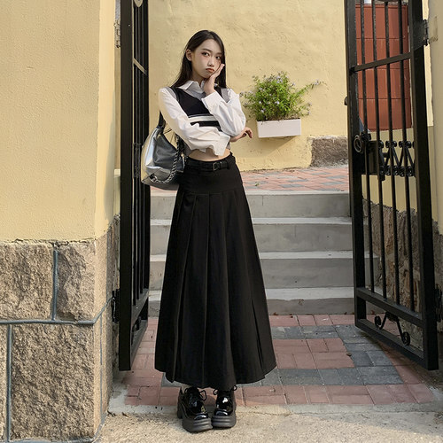 RNBN春秋纯色西装半身裙百褶长裙