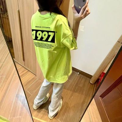 2024新款美式荧光绿短袖半袖纯棉t恤女夏季设计感小众不撞款上衣