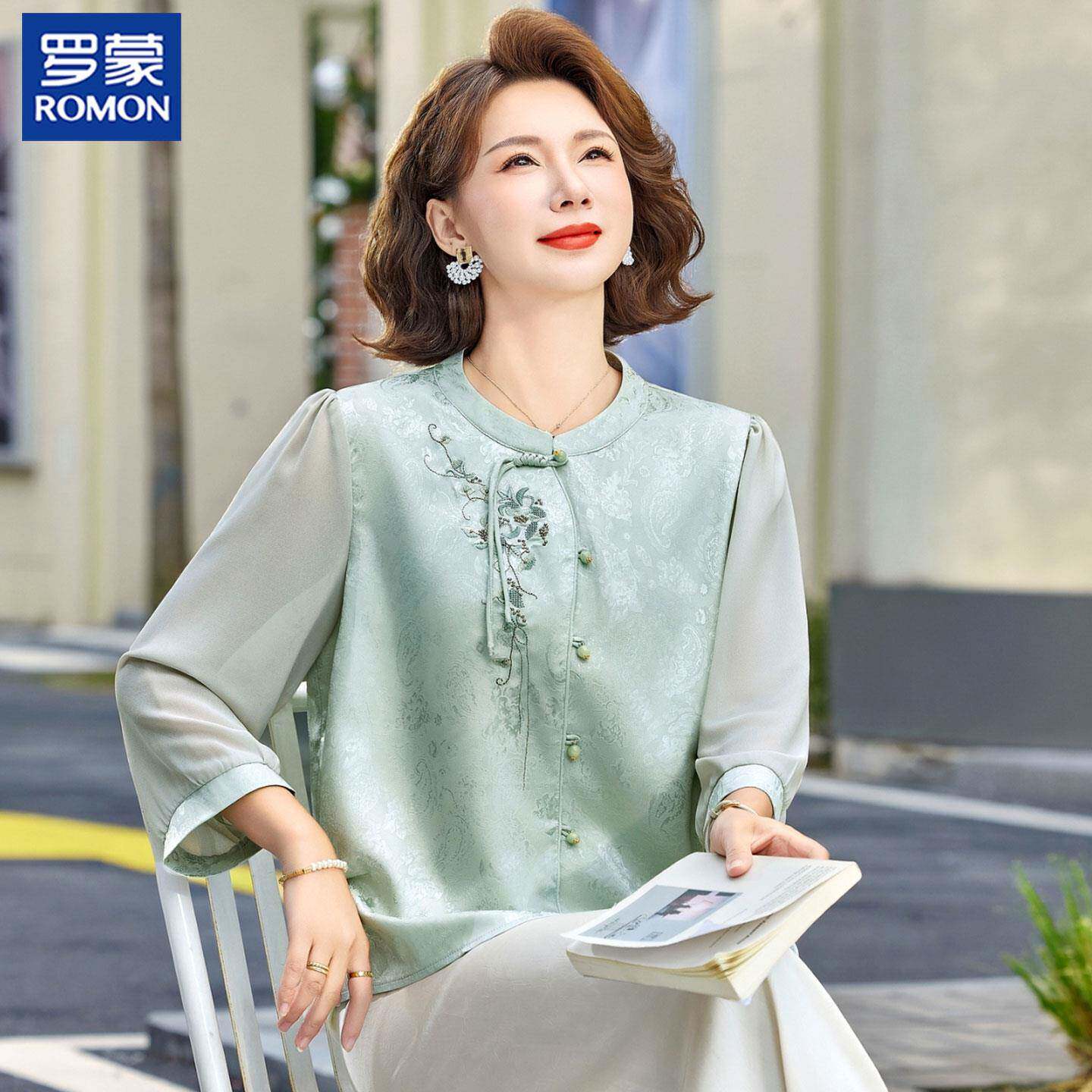 罗蒙新中式妈妈春装衬衫2026新款中年国风T恤中老年女洋气薄上衣