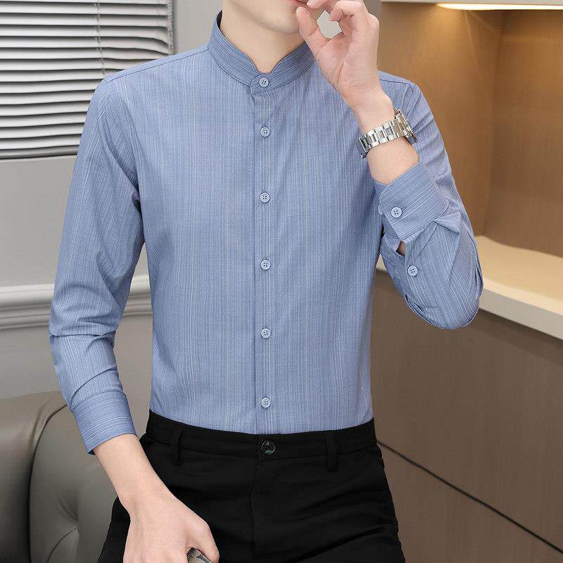 罗蒙立领长袖衬衫男商务休闲条纹免烫高级感衬衣男士商务男士上衣