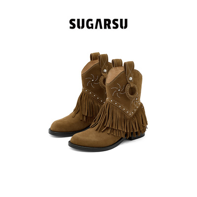 【佳雪佳敏】SUGARSU酥履 秋新复古游牧风西部流苏高跟短筒靴女