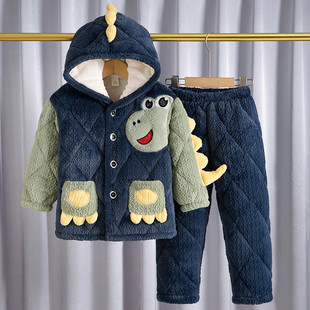 冬季男童奥特曼睡衣三层夹棉加厚宝宝小孩中大童法兰绒儿童家居服