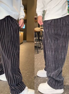 YULE语乐 13021/13018双面加厚彩织条纹毛呢休闲裤重磅褶位阔腿裤