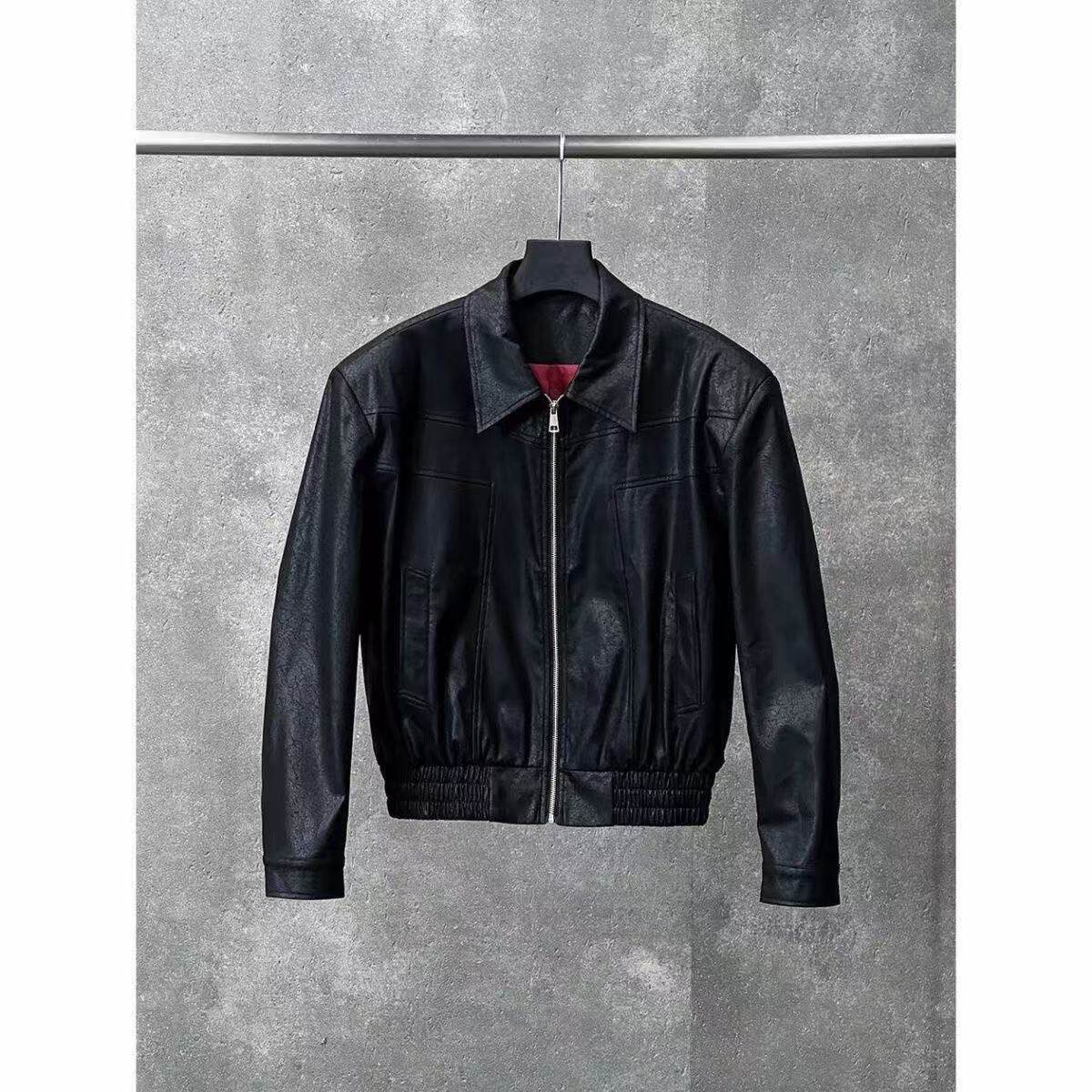 宋春江同款 复古翻领短款皮衣夹克拼接设计高级感宽松版型外套