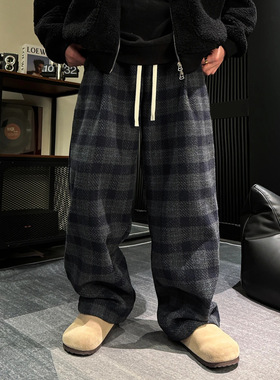 OXFREAK 24FW「主支线 磨毛呢料」撞色格子休闲裤男厚款宽松裤子