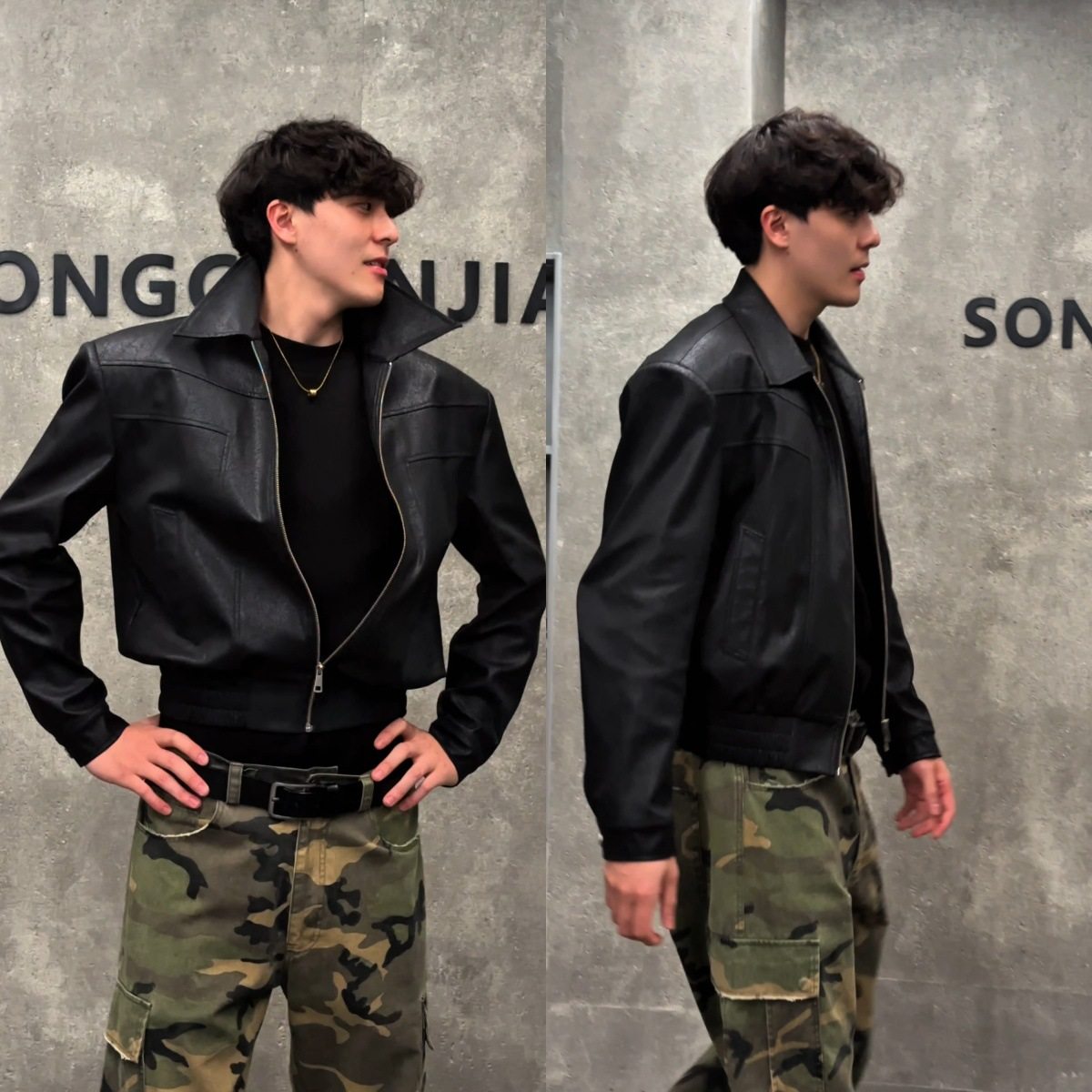 宋春江同款 复古翻领短款皮衣夹克拼接设计高级感宽松版型外套