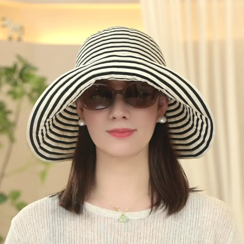 暮色夏季新款日系可折叠条纹渔夫帽女防晒帽子优雅复古织带太阳帽