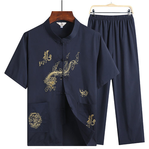 中老年唐装男短袖套装中式男装中山装古装汉服爸爸爷爷中国风夏装