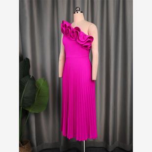 歐美大碼 Pleated Dress Women 單肩休閑木耳邊百褶連衣裙PlusSize
