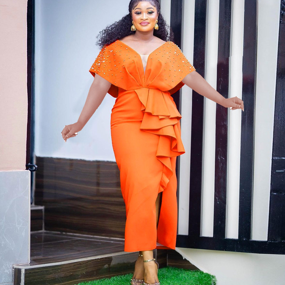 2023欧美大码名媛风钉珠篷袖连衣裙Plus Size Sexy Party Dresses