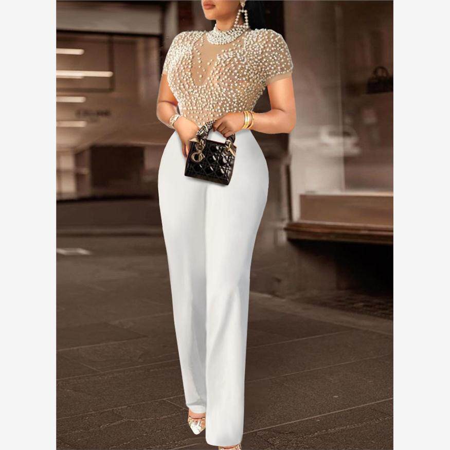 欧美大码高腰显瘦钉珠连体裤女Plus Size Beaded Jumpsuits Women