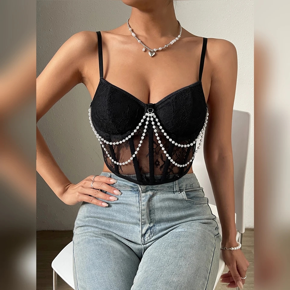 Halter V neck Crop Top Women Lace Mesh See Through Tank Vest