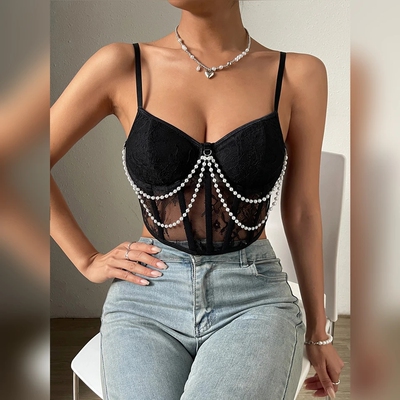 Halter V neck Crop Top Women Lace Mesh See Through Tank Vest