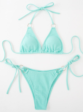 2024Women Bathing Suit Ribbed Backless Pads Bikini Set Halte