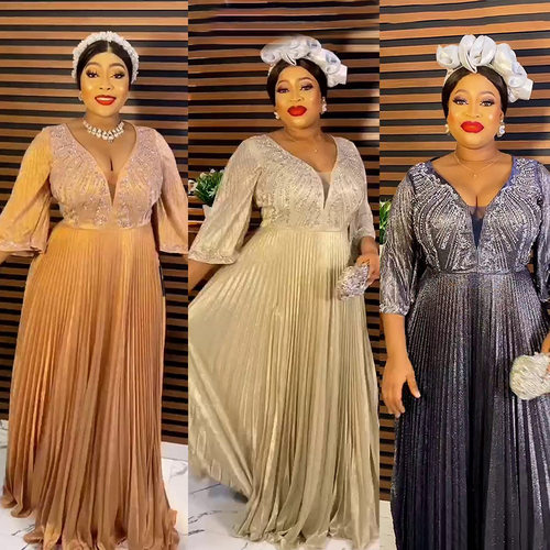 非洲晚礼服金粉压褶连衣裙 African Women Pleated Evening Dress