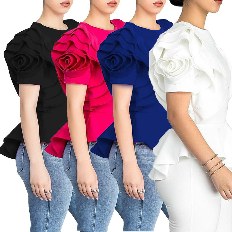 欧美荷叶边短袖上衣女 Women crop top shirt Sexy blouse Tee
