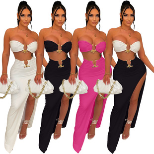 Dress Top Women Two Party Skir Crop Set Piece Strapless Maxi