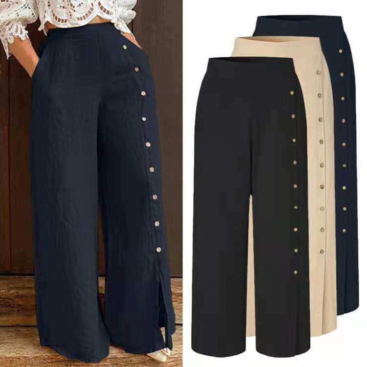 multi-button ins split wide leg pants high waist pants