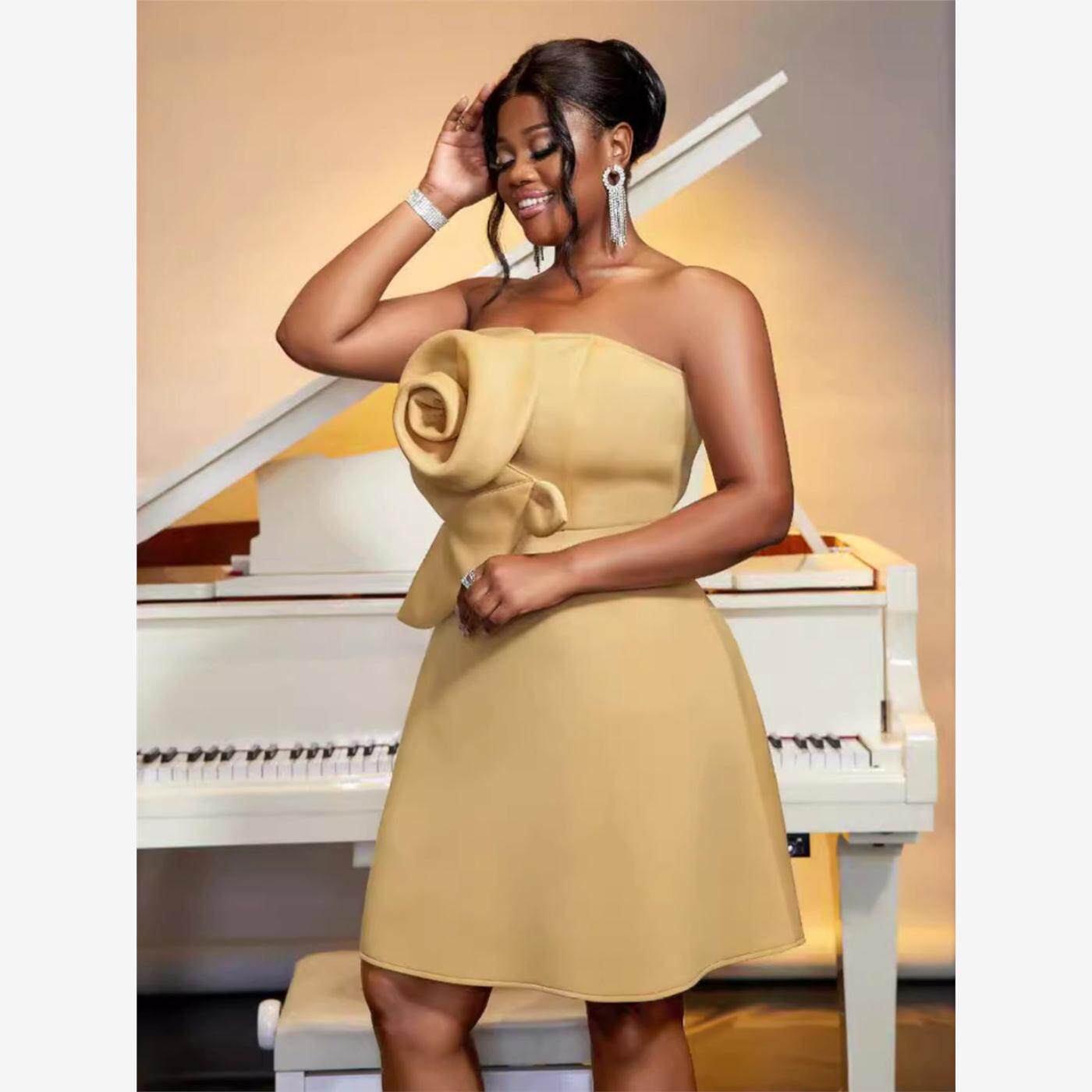 欧美大码抹胸立体花朵派对连衣裙 Plus Size Evening Party Dress