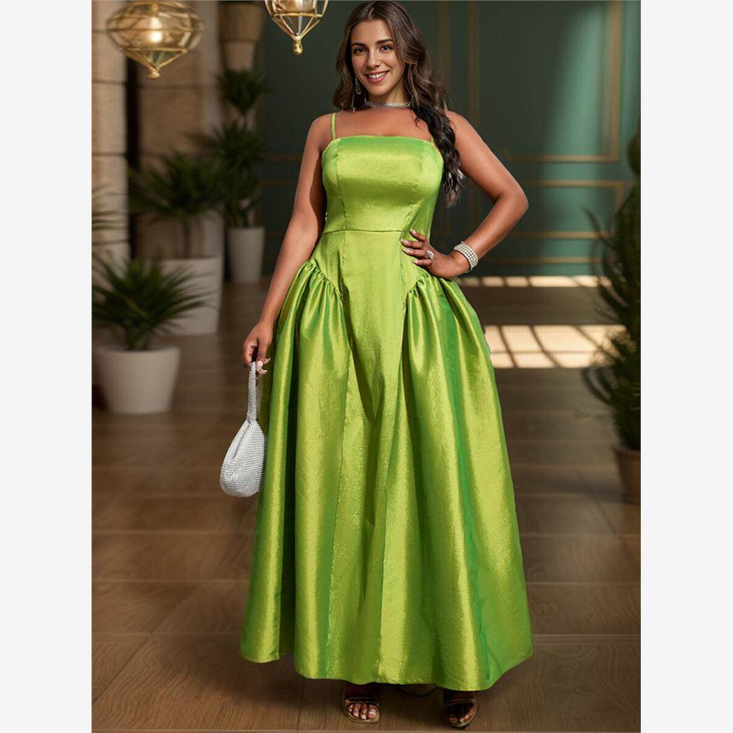2024欧美大码高腰吊带裙褶皱摆连衣裙Sexy Plus Size Dress Women