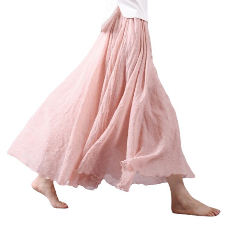 Women Linen Cotton Long Skirts Elastic Waist Pleated Maxi Sk