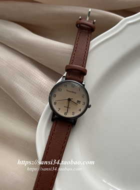 复古港风皮带手表女生ins风简约气质小众设计数字日历2022年新款