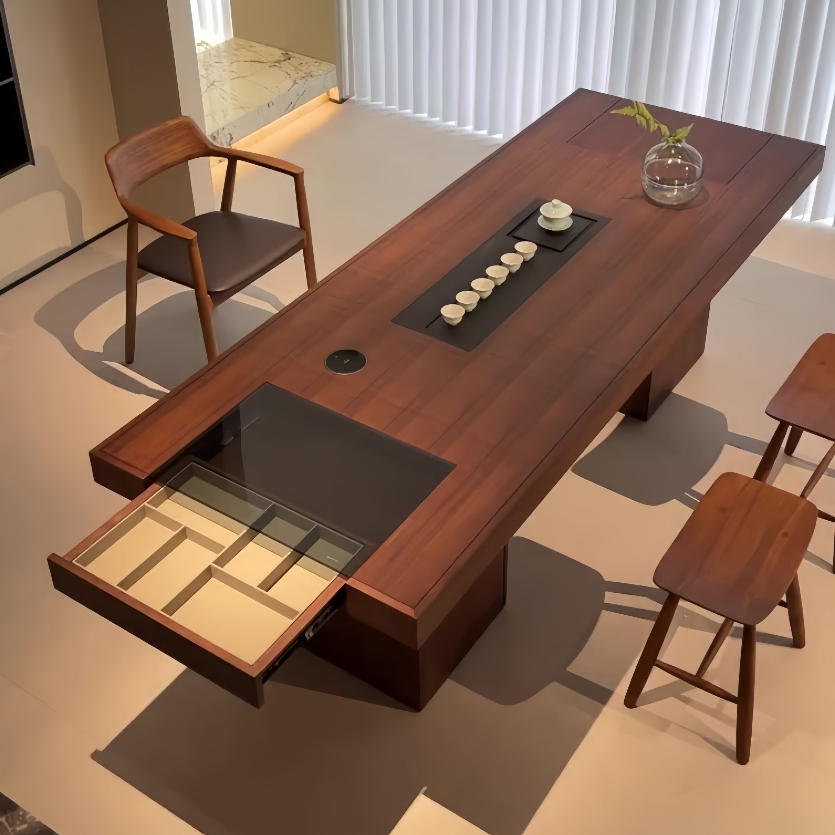 宋式美学黑胡桃木轻奢茶桌椅组合高端定制别墅客厅设计师同款茶台