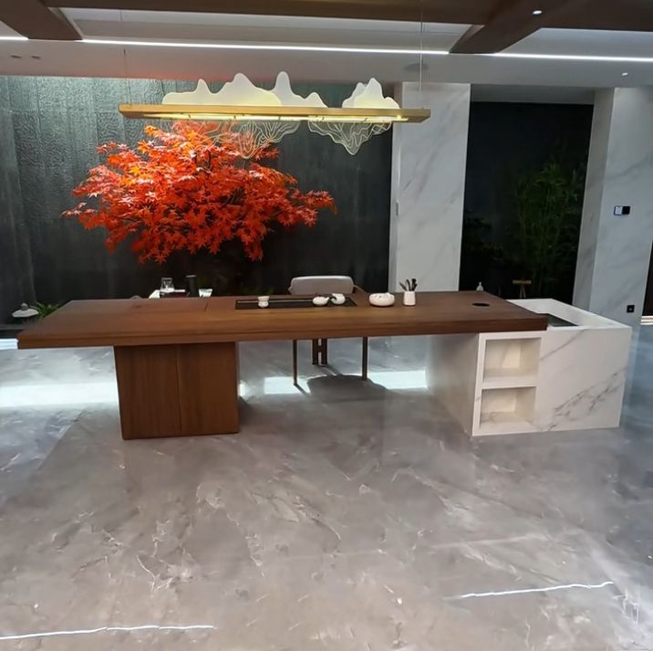 北美黑胡桃木白蜡木岩板岛台造景茶桌总裁老板多功能茶室泡茶台