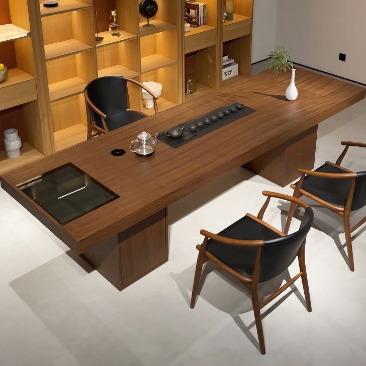 新中式北美黑胡桃木茶桌椅组合总裁高端功夫泡茶台会客厅多功能