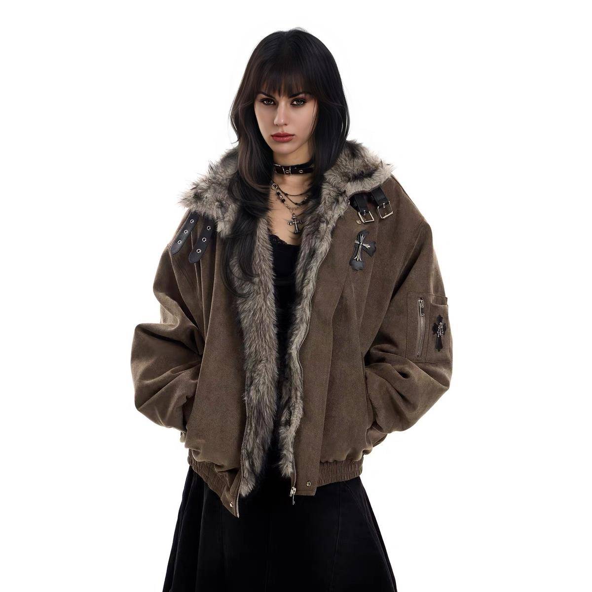 美式覆古毛领十字架座山雕棉服外套女加绒加厚夹克冬季新款棉衣潮