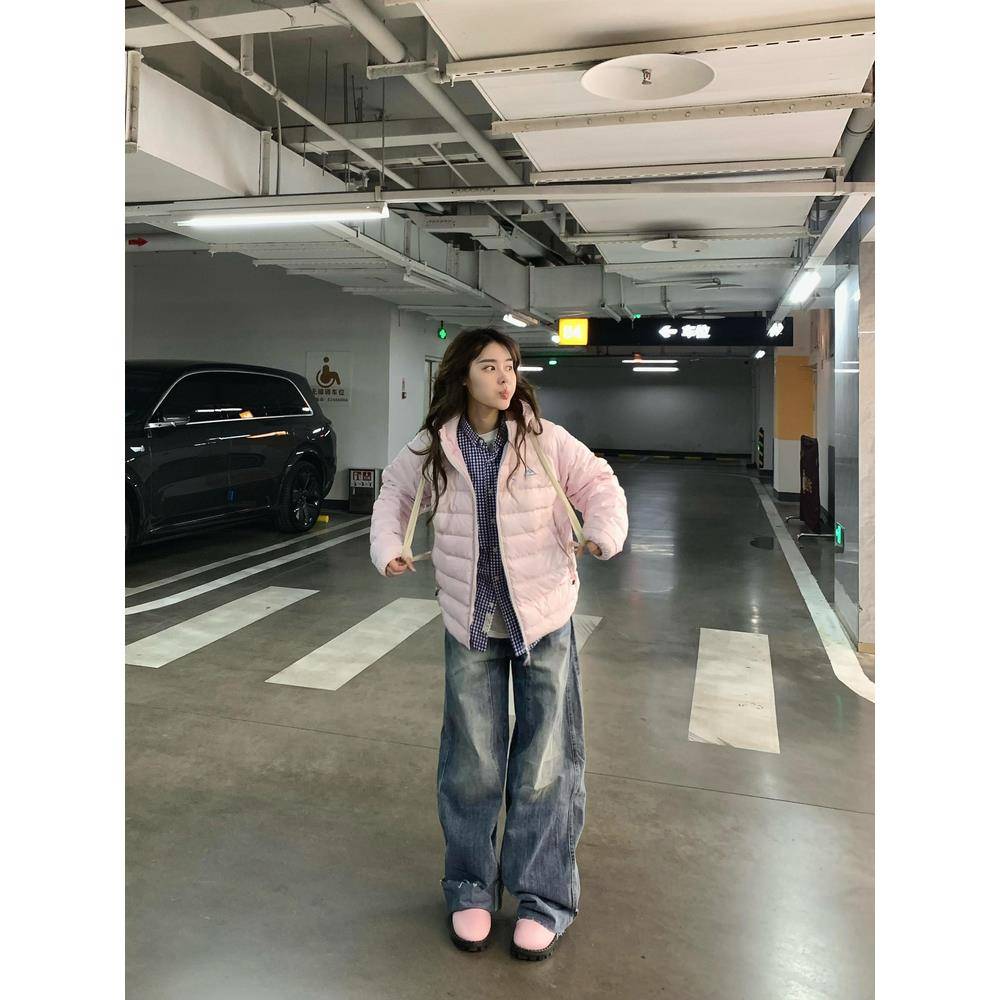 排骨粉色羽绒服女冬季轻薄款2025新款短款白鸭绒连帽保暖修身外套