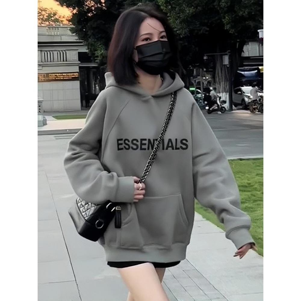 灰色连帽卫衣女款秋冬2025新款爆款时尚洋气加绒加厚女士宽松上衣