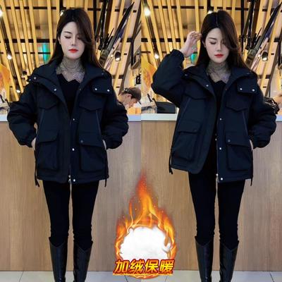 加绒加厚连帽冲锋衣女2025冬季新款宽松保暖工装棉服短款加厚外套