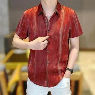 夏季 时尚 佳慧轻奢男装 竖条纹纹理绅士薄款 休I闲简约翻领衬衫 短袖
