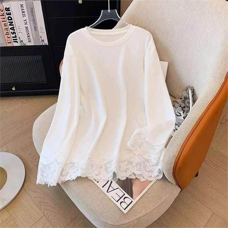 观宇百货秋冬设计感白色高级感Z蕾丝拼接德绒长袖T恤众内搭打底衫