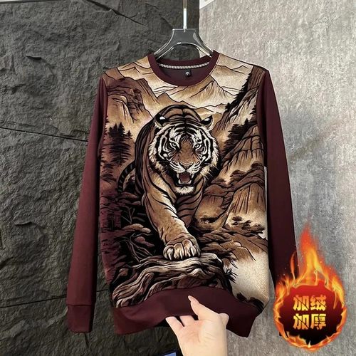 Scott服饰秋冬加绒加厚长袖TR恤男圆领卫衣霸气老虎休闲打底衫宽