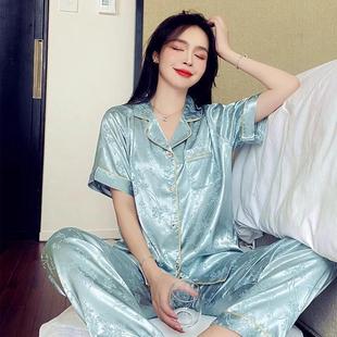长裤 曼丽时尚 轻奢短袖 精选冰丝绸睡衣y女士夏季 家居服宽松套 薄款
