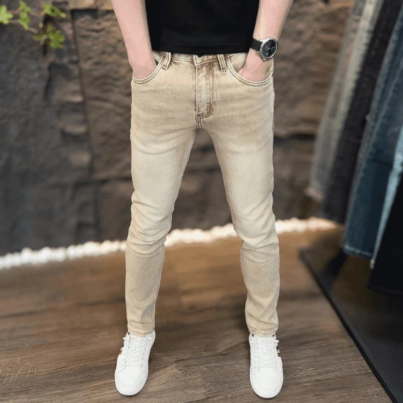 依锦轻奢男装K秋冬卡其色潮流男牛仔裤子百搭休闲弹力九分小脚长