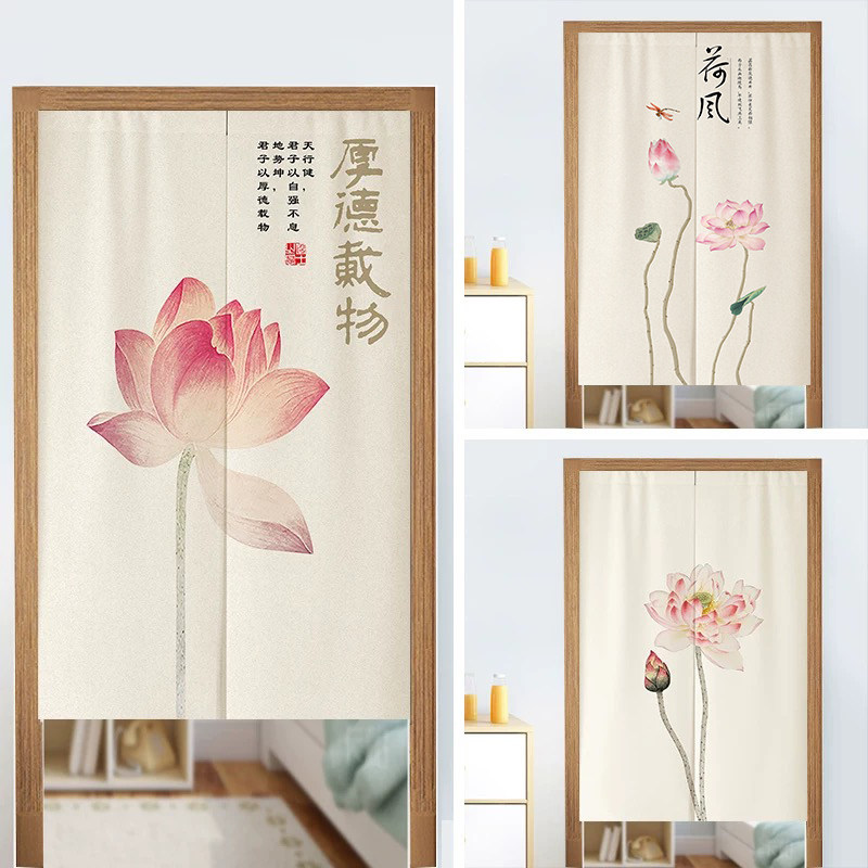 中式隔断窗荷花门帘入户玄关莲花短门帘厨房化妆室布帘厕所遮挡半
