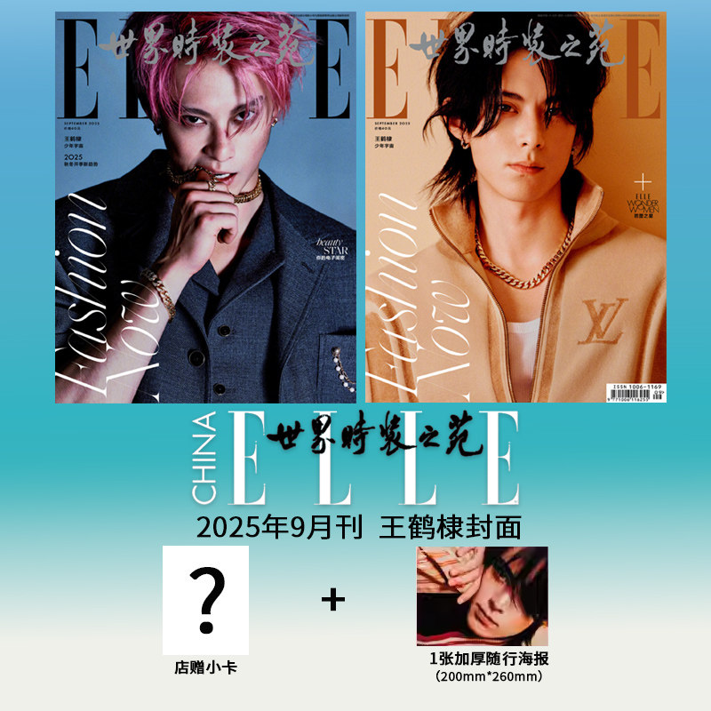 飞机盒【随刊官方海报+店赠小卡】ELLE世界时装之苑杂志 2025年9月封面王鹤棣 内文：周冬雨 文淇&宋威龙 明星时尚潮流期刊杂志图片