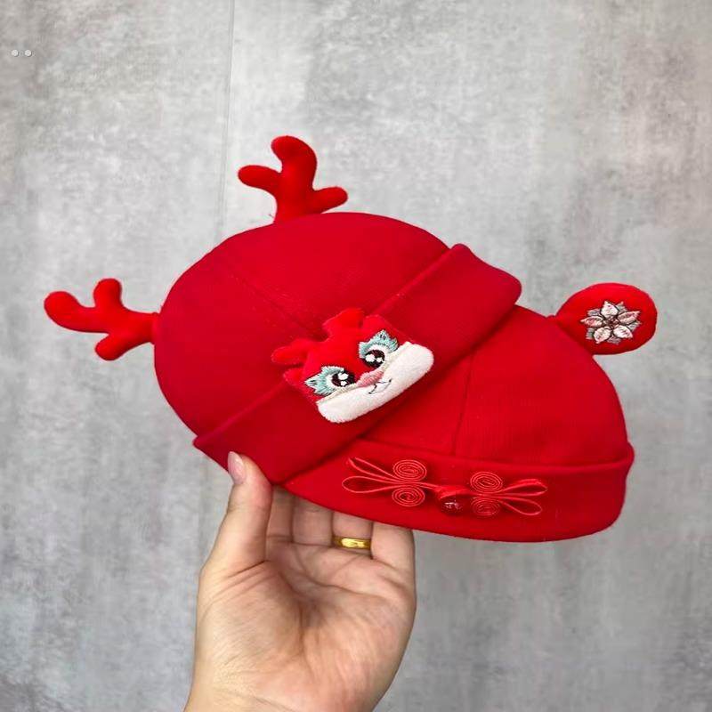 中国风婴儿帽子春秋季地主帽宝宝红色瓜皮帽男女童周岁超萌套头帽