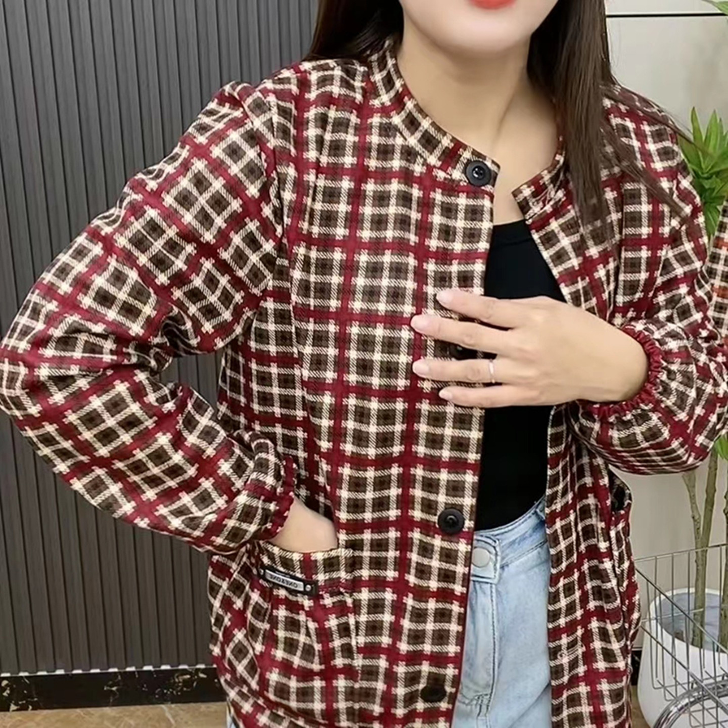 春秋外套女宽松短款格子时尚衬衫