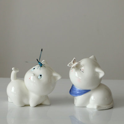 白瓷动物解压摆件小猫咪可爱蜻蜓戏猫趣味桌面摆设工艺品装饰个性